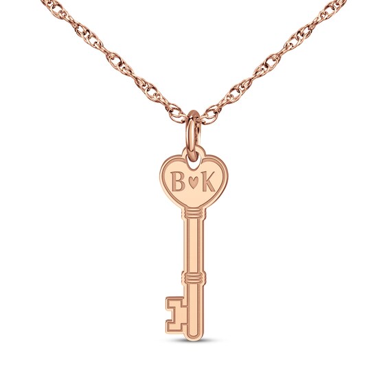 Couple's Engravable Heart Key Necklace 14K Rose Gold 18"