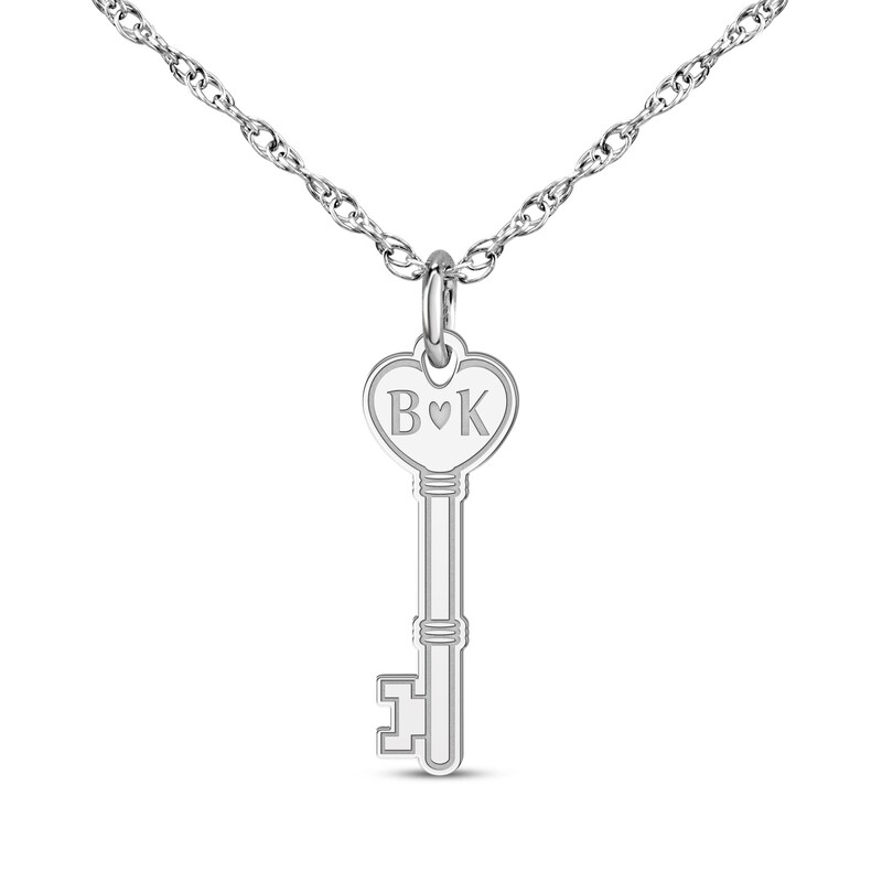 Main Image 1 of Couple's Engravable Heart Key Necklace 14K White Gold 18&quot;