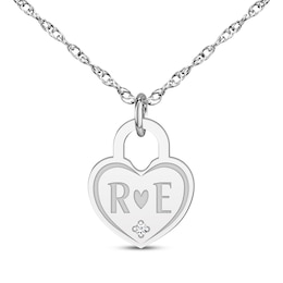 Couple's Engravable Diamond Accent Heart Lock Necklace 10K White Gold 18"