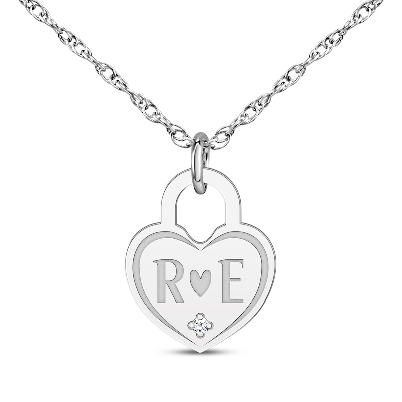 Main Image 1 of Couple's Engravable Diamond Accent Heart Lock Necklace 10K White Gold 18&quot;