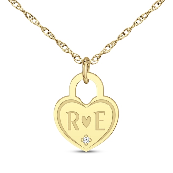 Couple's Engravable Diamond Accent Heart Lock Necklace 10K Yellow Gold 18"