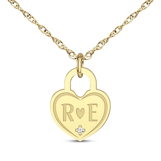 Couple's Engravable Diamond Accent Heart Lock Necklace 10K Yellow Gold 18"
