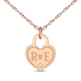 Couple's Engravable Diamond Accent Heart Lock Necklace 14K Rose Gold 18"
