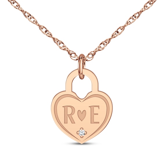 Couple's Engravable Diamond Accent Heart Lock Necklace 14K Rose Gold 18"
