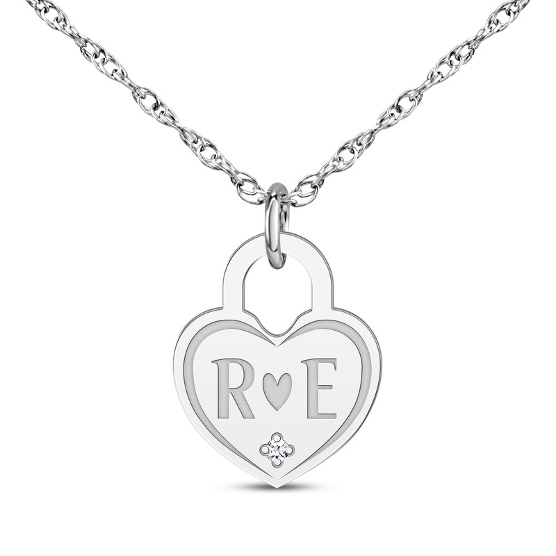 Main Image 1 of Couple's Engravable Diamond Accent Heart Lock Necklace Sterling Silver 18&quot;