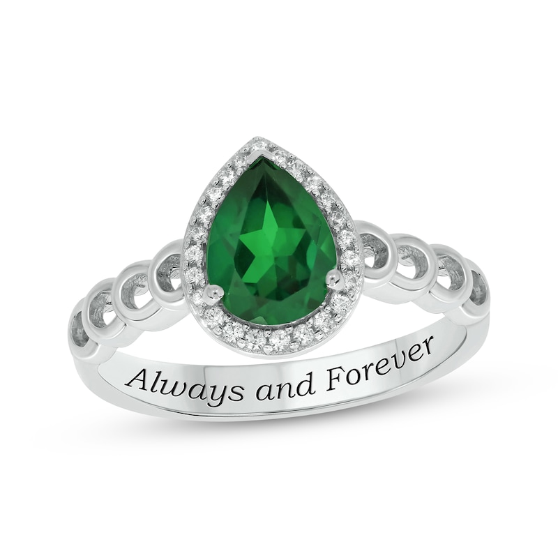 Main Image 1 of Engravable Pear-Shaped Lab-Created Emerald & Diamond Ring 1/10 ct tw Sterling Silver
