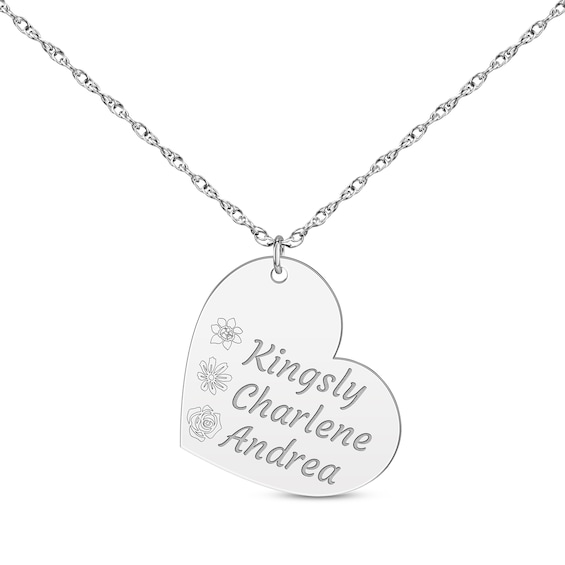Family Birth Flower & Name Tilted Heart Necklace 10K White Gold 18"