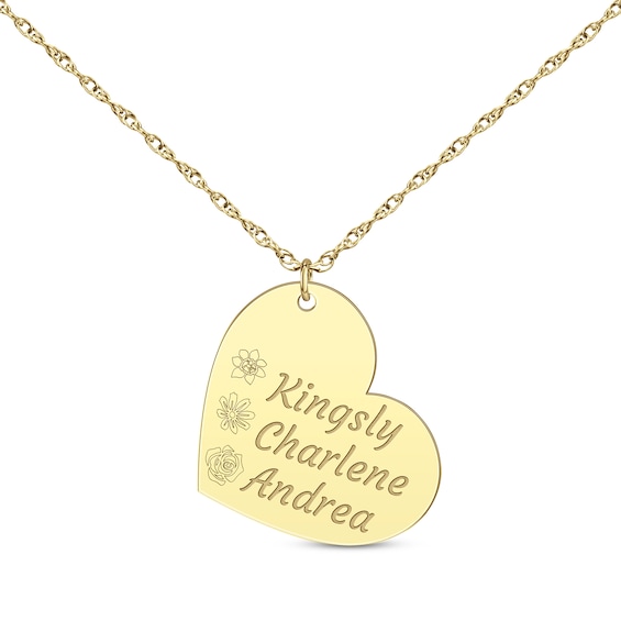 Family Birth Flower & Name Tilted Heart Necklace 10K Yellow Gold 18"