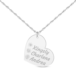 Family Birth Flower & Name Tilted Heart Necklace 14K White Gold 18"