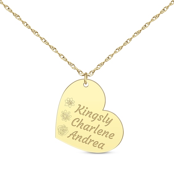 Family Birth Flower & Name Tilted Heart Necklace 14K Yellow Gold 18"