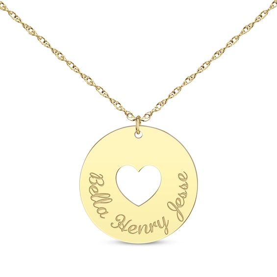 Heart Cutout Disc Family Name Necklace 10K Yellow Gold 18"