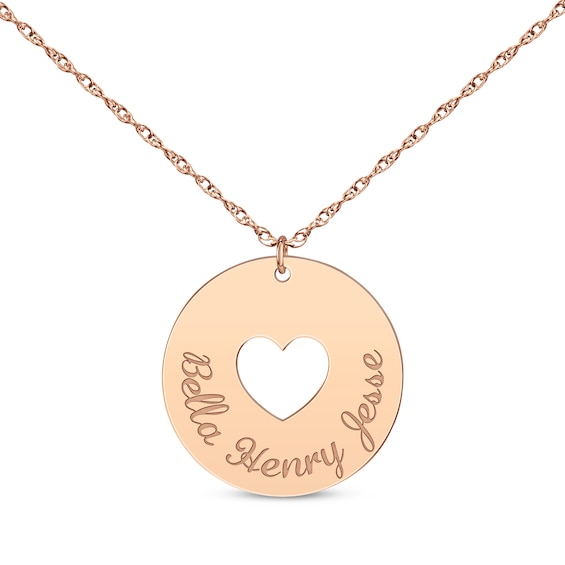 Heart Cutout Disc Family Name Necklace 14K Rose Gold 18"