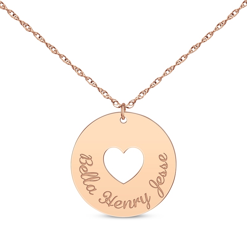 Main Image 1 of Heart Cutout Disc Family Name Necklace 14K Rose Gold 18&quot;