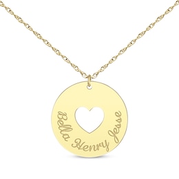 Heart Cutout Disc Family Name Necklace 14K Yellow Gold 18"