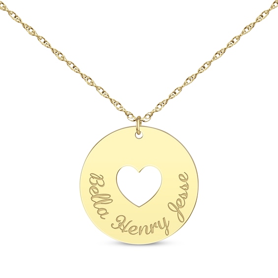 Heart Cutout Disc Family Name Necklace 14K Yellow Gold 18"