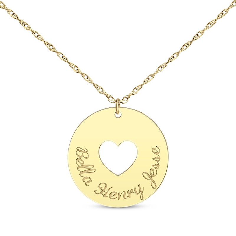 Main Image 1 of Heart Cutout Disc Family Name Necklace 14K Yellow Gold 18&quot;