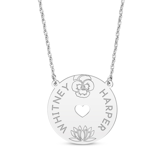 Family Birth Flower & Name Heart Cutout Disc Necklace 10K White Gold 18"