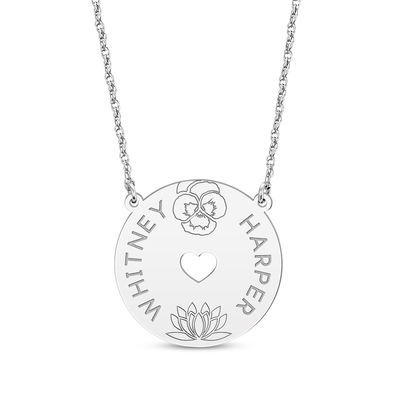 Main Image 1 of Family Birth Flower & Name Heart Cutout Disc Necklace 10K White Gold 18&quot;