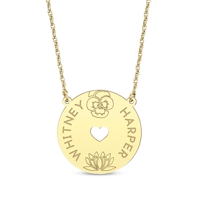 Main Image 1 of Family Birth Flower & Name Heart Cutout Disc Necklace 10K Yellow Gold 18&quot;