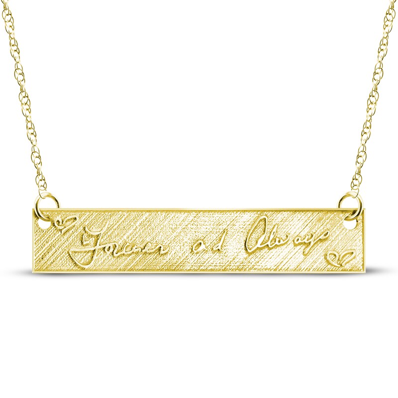 Your Own Handwriting Embossed Bar Necklace 10K Yellow Gold 18"