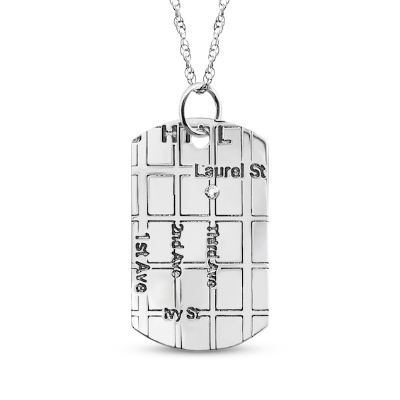 Diamond Accent Map Dog Tag Necklace Sterling Silver 18"