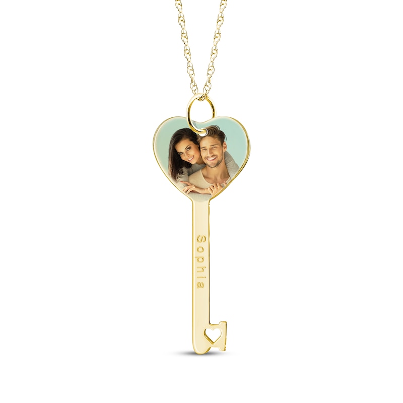 Engravable Heart-Shaped Key Photo Necklace 10K Yellow Gold 18"