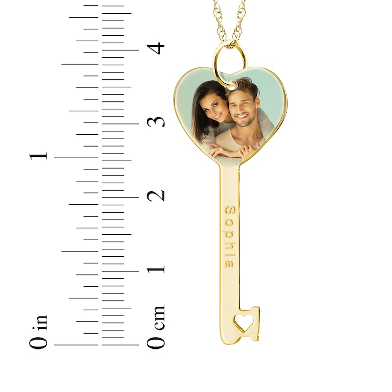 Engravable Heart-Shaped Key Photo Necklace 10K Yellow Gold 18"