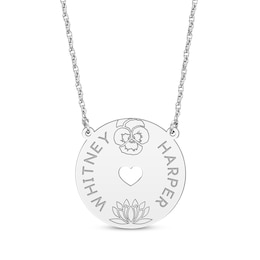 Family Birth Flower & Name Heart Cutout Disc Necklace 14K White Gold 18"