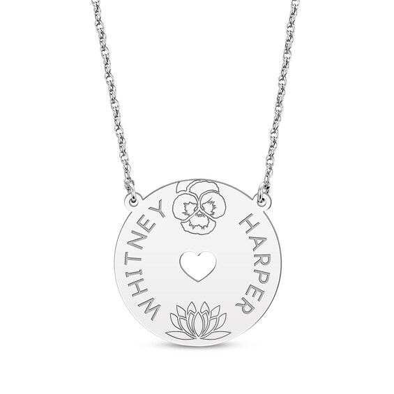 Family Birth Flower & Name Heart Cutout Disc Necklace 14K White Gold 18"