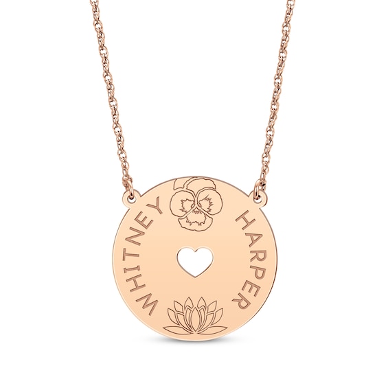 Family Birth Flower & Name Heart Cutout Disc Necklace 14K Rose Gold 18"