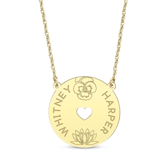 Family Birth Flower & Name Heart Cutout Disc Necklace 14K Yellow Gold 18"