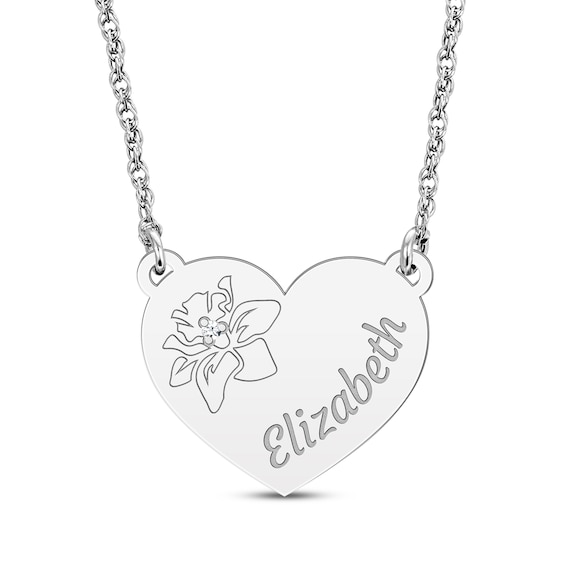 Diamond Accent Birth Month Flower & Name Heart Necklace 10K White Gold 18"