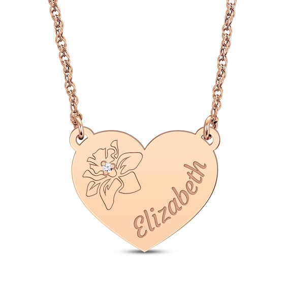 Diamond Accent Birth Month Flower & Name Heart Necklace 14K Rose Gold 18"