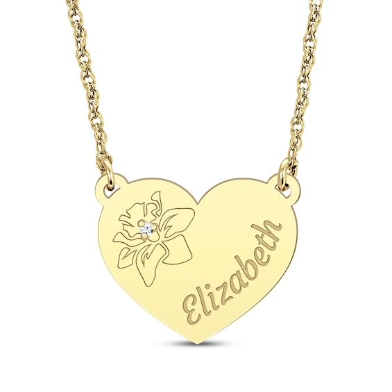 Diamond Accent Birth Month Flower & Name Heart Necklace 14K Yellow Gold 18"