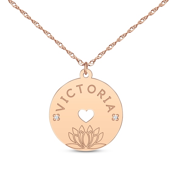 Diamond Accent Birth Month Flower & Name Circle Necklace 14K Rose Gold 18"