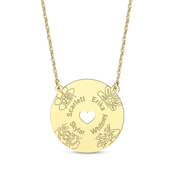 Birth Flower & Family Name Heart Cutout Disc Necklace 10K Yellow Gold 18"