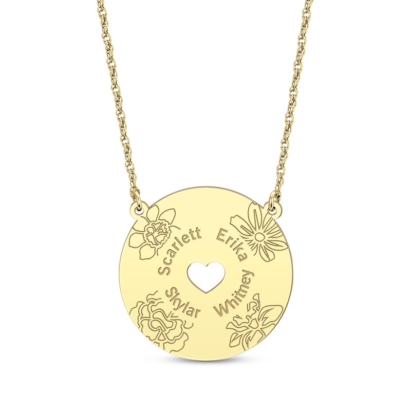 Main Image 1 of Birth Flower & Family Name Heart Cutout Disc Necklace 10K Yellow Gold 18&quot;