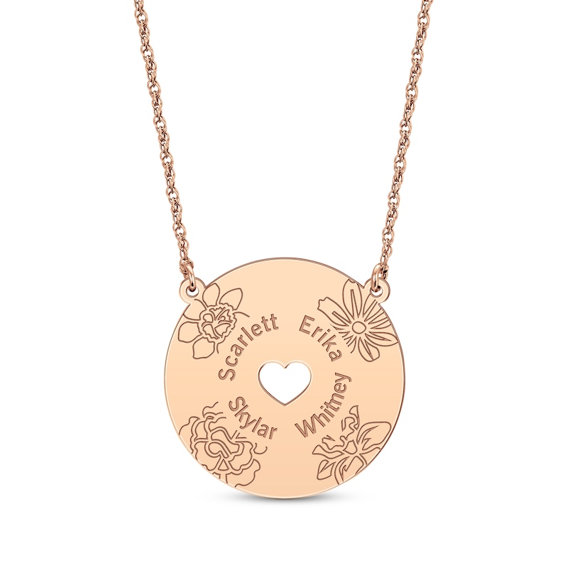 Main Image 1 of Birth Flower & Family Name Heart Cutout Disc Necklace 14K Rose Gold 18&quot;