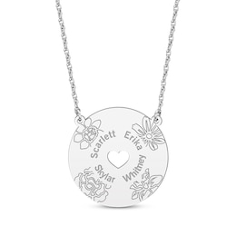 Birth Flower & Family Name Heart Cutout Disc Necklace 14K White Gold 18"