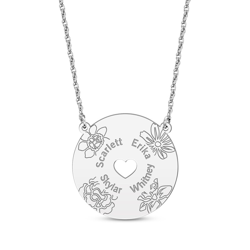 Main Image 1 of Birth Flower & Family Name Heart Cutout Disc Necklace 14K White Gold 18"