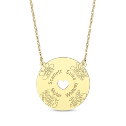 Birth Flower & Family Name Heart Cutout Disc Necklace 14K Yellow Gold 18"