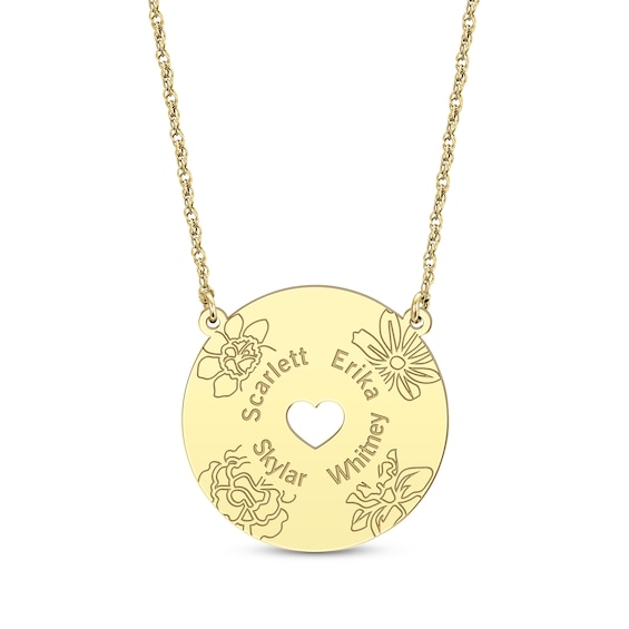 Birth Flower & Family Name Heart Cutout Disc Necklace 14K Yellow Gold 18"