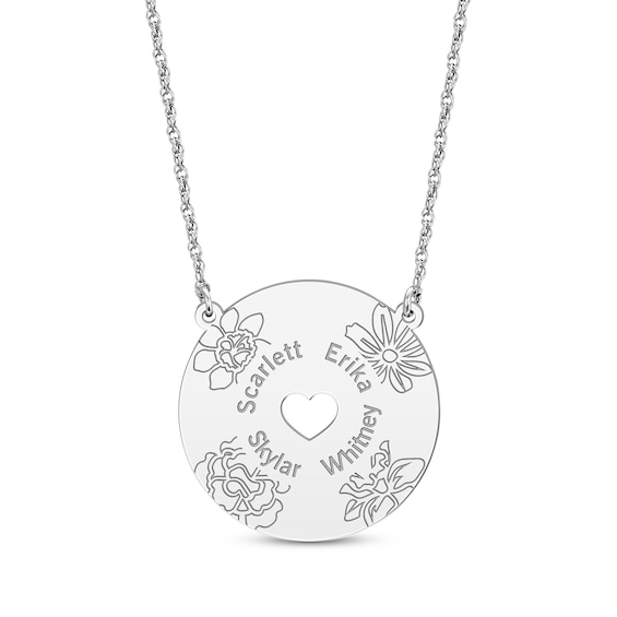 Birth Flower & Family Name Heart Cutout Disc Necklace Sterling Silver 18"