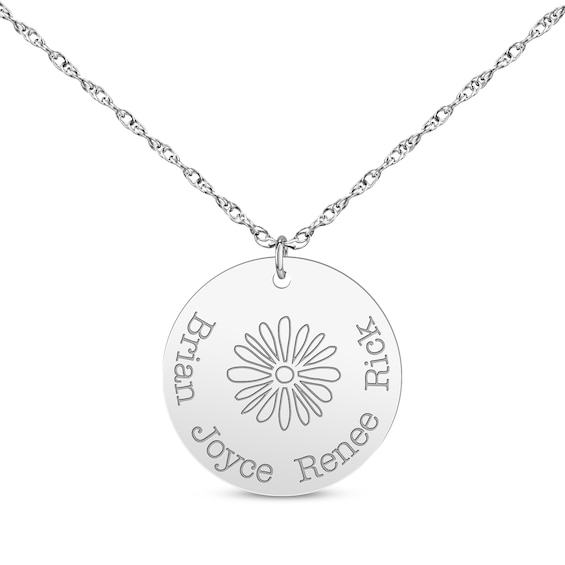 Family Birth Flower & Name Disc Necklace 10K White Gold 18"