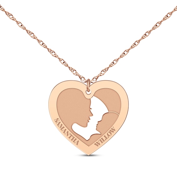 Mom & Baby Silhouette Heart Name Necklace 14K Rose Gold 18"
