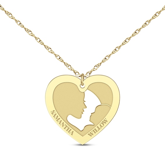 Mom & Baby Silhouette Heart Name Necklace 14K Yellow Gold 18"