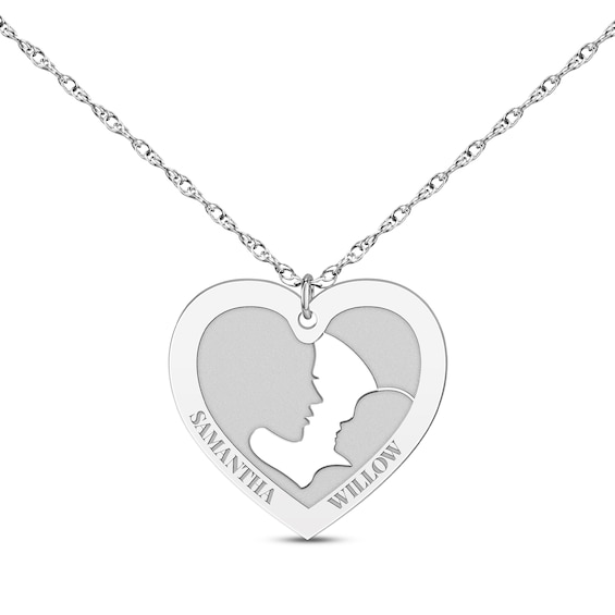 Mom & Baby Silhouette Heart Name Necklace Sterling Silver 18"