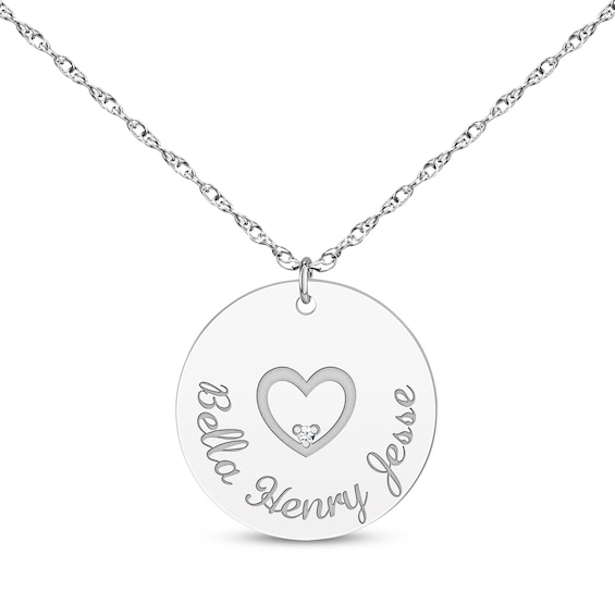 Diamond Accent Family Name Disc Necklace with Heart 10K White Gold 18"