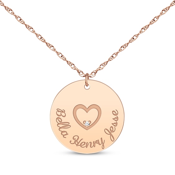 Diamond Accent Family Name Disc Necklace with Heart 14K Rose Gold 18"