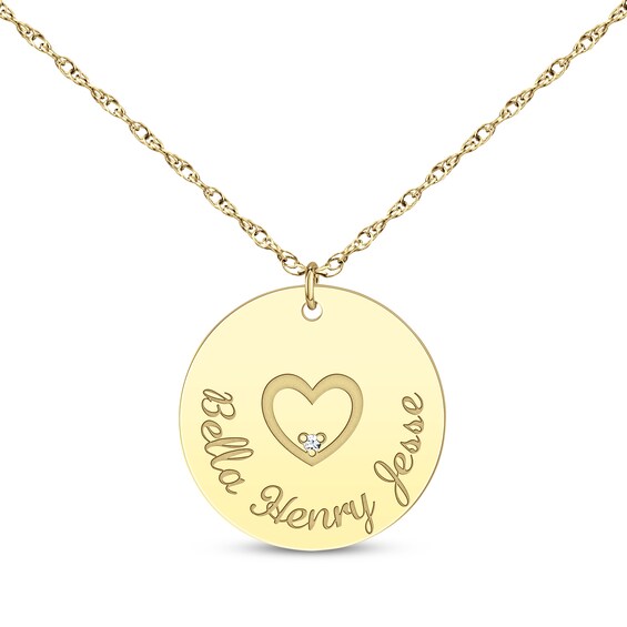 Diamond Accent Family Name Disc Necklace with Heart 14K Yellow Gold 18"